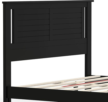 Serene Farmhouse Style Wood Bed in Queen Size with Horizontal Scoring Headboard, Coastal Modern Design, Sturdy, Easy Assembly, Ample Underbed Storage, Black Finish