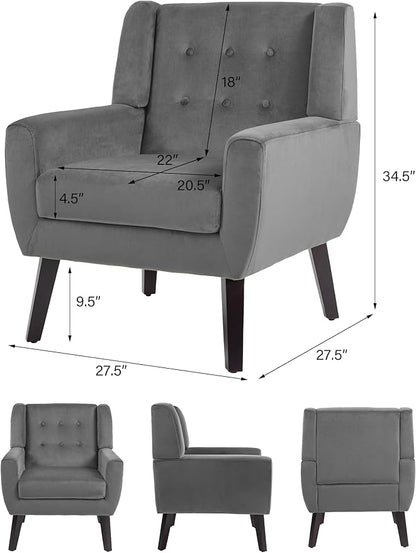 Accent Chair, Mid-Century Modern Velvet Fabric Chairs with Arms for Living Room, Comfy Upholstered Club Single Sofa Armchair for Bedroom Waiting Room with Solid Wood Frame (Velvet Grey, Set of 1)