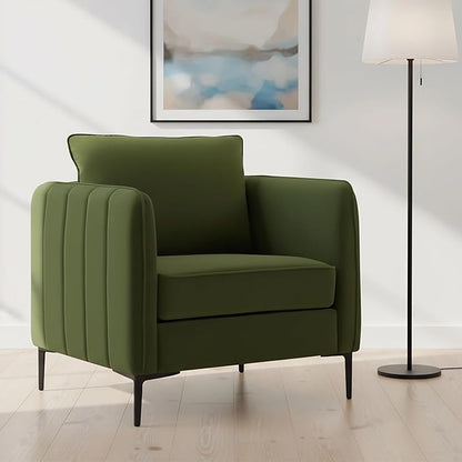 Velvet Accent Chair, Comfy Upholstered Single Sofa Chair Mid-Century Modern Armchair with Thick Cushion and Wood Frame Side Chair for Living Room Bedroom Apartment (Green)