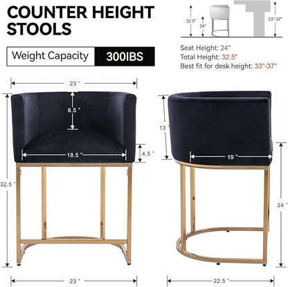 Black Velvet Bar Stools Set of 2, 24" Contemporary Upholstered Fabric Counter Height Barstools Kitchen Counter Island Stools with Golden Metal Base