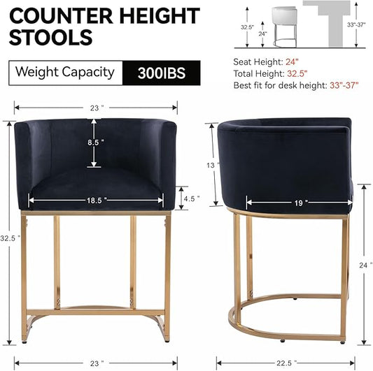 Black Velvet Bar Stools Set of 2, 24" Contemporary Upholstered Fabric Counter Height Barstools Kitchen Counter Island Stools with Golden Metal Base