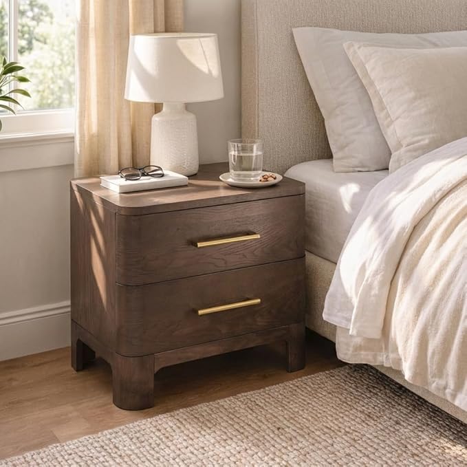 Christopher Knight Home Egbert Modern Nightstand with Drawers, Wooden Small Night Stand with Rounded Corners Design, Bedside Table/End Table for Bedroom, Multipurpose Storage Cabinet, Brown