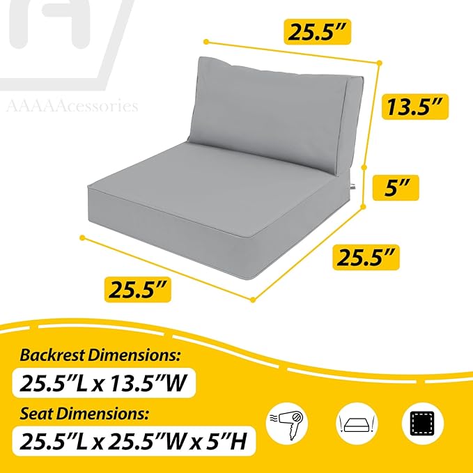 AAAAAcessories Outdoor Deep Seat Cushions, Waterproof, Fade-Resistant Patio Furniture Replacement Cushions, 25.5" x 25.5" x 5" + 25.5" x 13.5", Set of 4, Gray