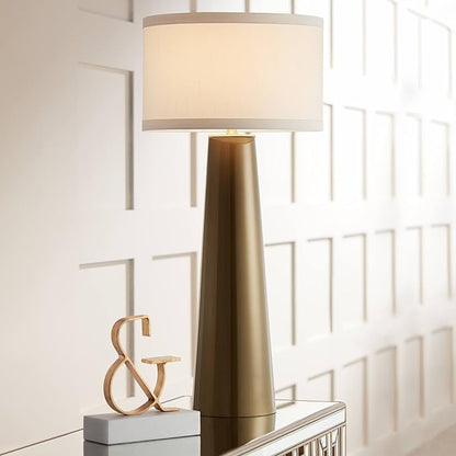 Possini Euro Design Karen Modern Table Lamp 36" Tall Dark Gold Tapered Glass Column Off White Fabric Drum Shade Decor for Living Room Bedroom House Bedside Nightstand Home Office Entryway Family
