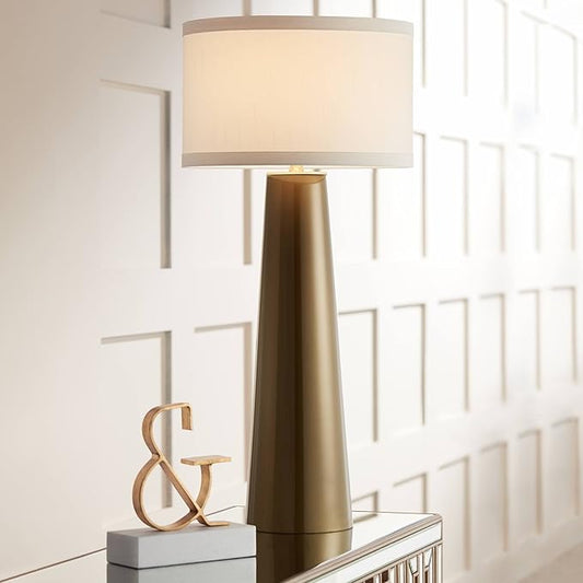 Possini Euro Design Karen Modern Table Lamp 36" Tall Dark Gold Tapered Glass Column Off White Fabric Drum Shade Decor for Living Room Bedroom House Bedside Nightstand Home Office Entryway Family