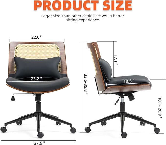 Armless Rattan Office Desk Chair with Wheels, PU Leather Modern Wide Swivel Task Chair, Ergonomic Criss Cross Legged Chair for Meeting Room, Home Office, Black