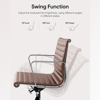 Ribbed Office Chair with Top Grain Leather - Mid Back Ergonomic Desk Chair with Aluminum Arm Rest and 5-Star Base, Swivel Chair Brown
