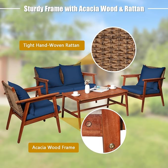 COSTWAY 4 Pieces Acacia Wood Patio Conversation Set, Outdoor Wicker Sofa with Coffee Table & Cushions, Patio Rattan Furniture Set for Yard, Porch, Poolside, Balcony, Backyard, Navy