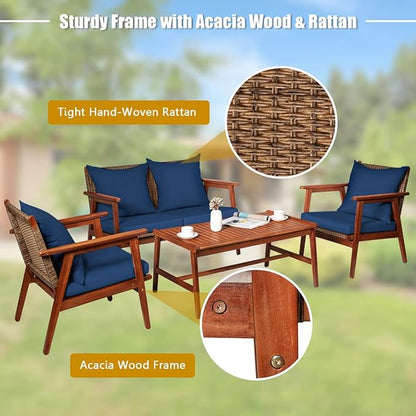 COSTWAY 4 Pieces Acacia Wood Patio Conversation Set, Outdoor Wicker Sofa with Coffee Table & Cushions, Patio Rattan Furniture Set for Yard, Porch, Poolside, Balcony, Backyard, Navy