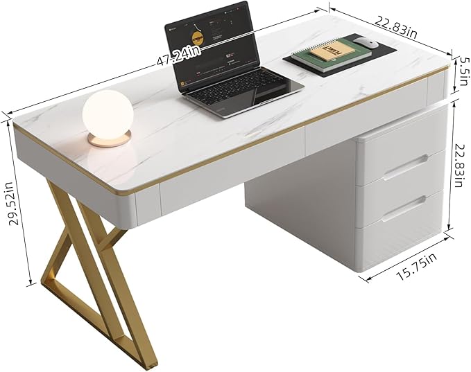Executive Desk with Drawers, White Computer Desk with Drawers with Tempered Glass Top & Marble Pattern, 47 inch Modern Home Office Desk with Charging Station for Study, Living Room, Bedroom
