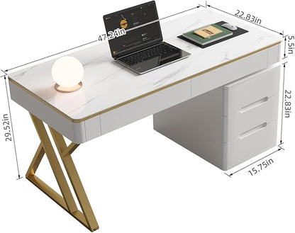 Executive Desk with Drawers, White Computer Desk with Drawers with Tempered Glass Top & Marble Pattern, 47 inch Modern Home Office Desk with Charging Station for Study, Living Room, Bedroom
