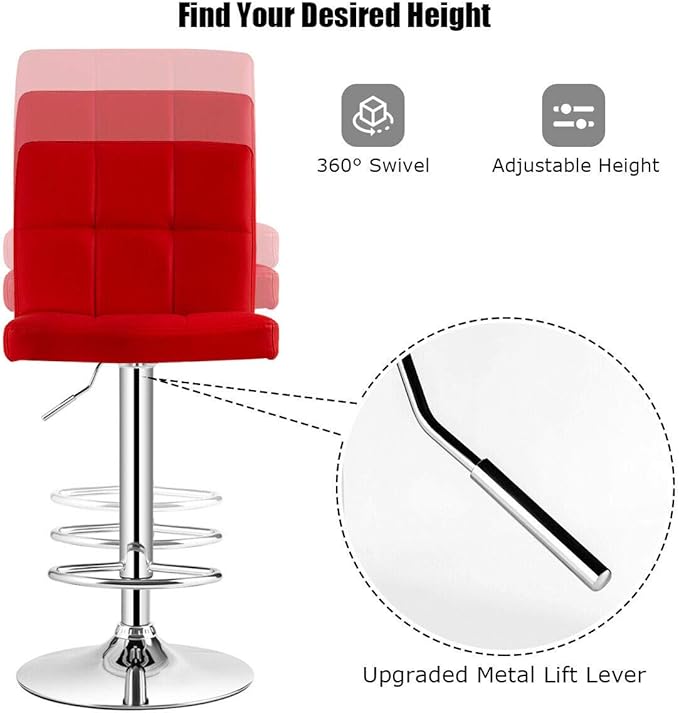 COSTWAY Bar Stools Set of 2, Modern Swivel Adjustable Height PU Leather Barstools with Back, Square Armless Counter Height 2-Pack Bar Chair for Kitchen Island Dining Living Bistro Pub Counter, Red