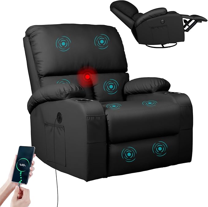 LEVELEVE Rocking Recliner Chair, Massage Rocker Recliner Chair with Vibration Massage and Heat, USB and Type-C Ports,360° Swivel Faux Leather Chairs, Living Room, Bedroom, Nursery, RV, Black