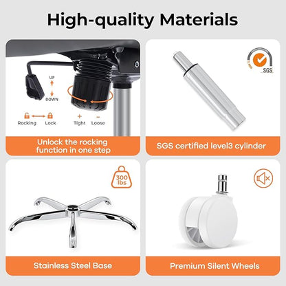 Office Chair Ergonomic Office Chair with Lumbar Support, Head Support, Rocking Function, FILP-up Armrests, Mesh High Back Chair Home Office Desk Chair, Suitable for Home, Office, Grey