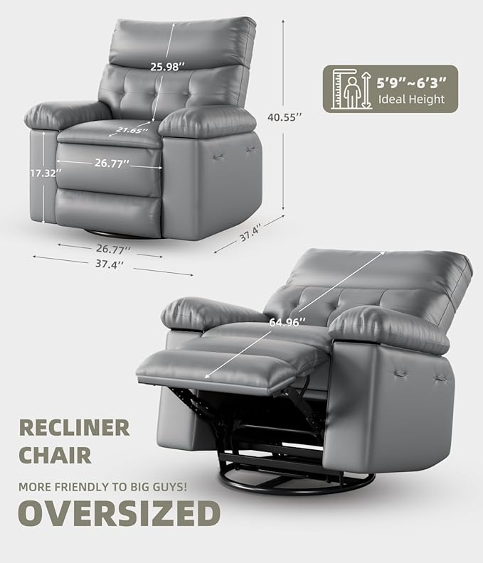 GarveeHome Oversized 27" Recliner Chairs, Classic Manual Leather Recliner, Home Theater Seating with Lumbar & Arms Support for Living Room, Bedroom and Nursery - Grey