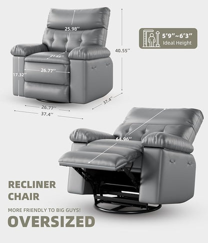 GarveeHome Oversized 27" Recliner Chairs, Classic Manual Leather Recliner, Home Theater Seating with Lumbar & Arms Support for Living Room, Bedroom and Nursery - Grey