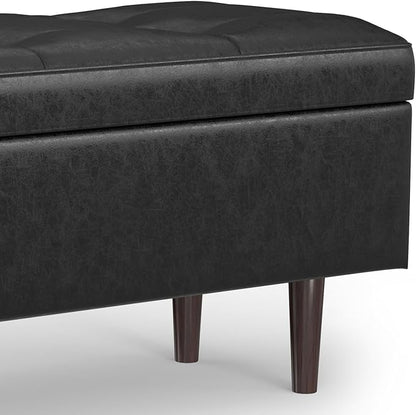 SIMPLIHOME Shay 48 inch Wide Mid Century Modern Rectangular Storage Ottoman in Distressed Black Vegan Faux Leather, Assembled, for The Living Room, Entryway and Family Room