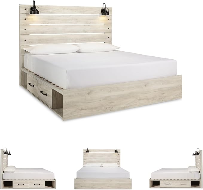 Signature Design by Ashley Cambeck Farmhouse King Panel Platform Bed with 4 Storage Drawers, Cubbies, Sconce Lights and USB Ports, Foundation or Box Spring Not Needed, Whitewash