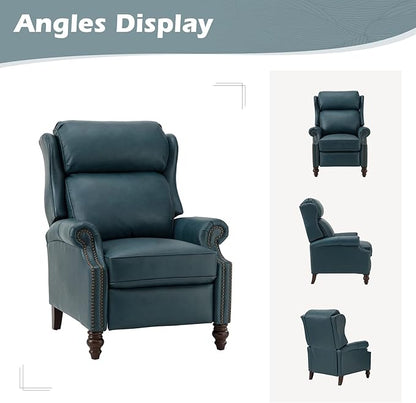HULALA HOME Genuine Leather Recliner Chair, Traditional Manual Pushback Comfy Seating for Living Room, Thick Cushion & Solid Wood Legs, Wingback Recliner with Nailhead Trim, Turquoise-S2