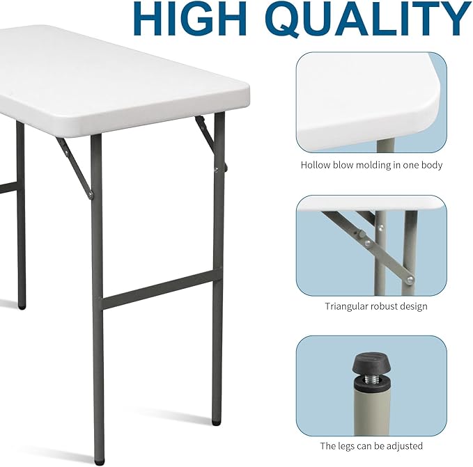 Folding Table Rectangular All-Occasion Plastic Folding Event Table for Indoor and Outdoor, Portable Desk, Camping, Durable and Stable, HDPE and Steel (White, 2.7ft + 1 Chair)