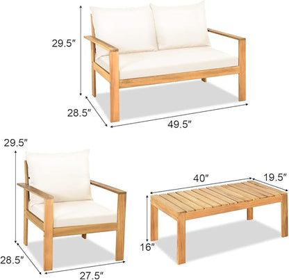COSTWAY 4 Pieces Outdoor Acacia Wood Sofa Set, Outdoor Conversation Sofa Set with Table & Cushions Porch Chairs for Garden, Patio, Deck