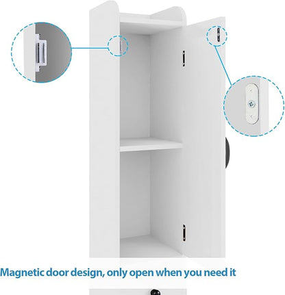 Maupvit Bathroom Cabinet with Adjustable Shelf, Storage Cabinet for Small Space, Tall Bathroom Storage Cabinet with Retractable Toilet Paper Rod, Narrow Cabinet with 2 Doors, 8 Compartments (White)