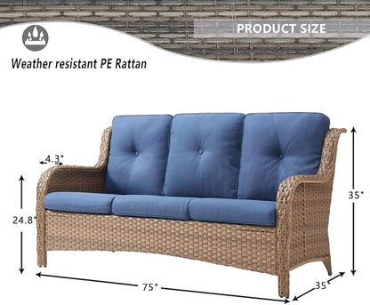 HUMMUH Patio Furniture 7 Pieces Outdoor Furniture Set PE Wicker Patio Couch with Swivel Rocker Chairs,Patio Ottomans,Outdoor Tables, Yellow/Blue