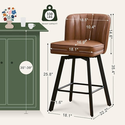 Swivel Counter Height Bar Stools Set of 3, 26'' Modern Barstools with Backs and Metal Legs, Upholstered Bar Chairs, Faux Leather Dark Brown Stools for Kitchen Island Chairs