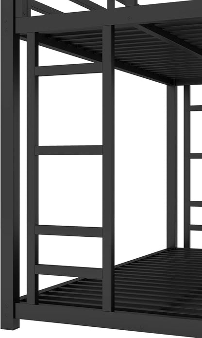 Twin XL Over Queen Bunk Bed Frame with Noise Reduced Design, Heavy Buty Floor Bunk Bed Twin XL Over Queen Bunk Beds with Build in Ladder for Adults, Teens(Black Floor Bunk Bed)