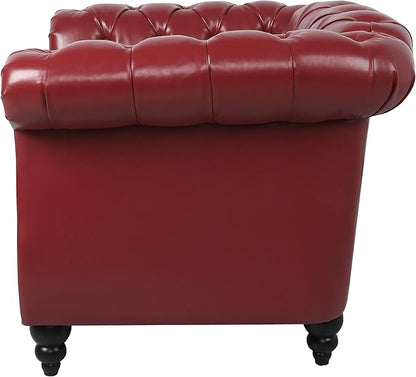 LEVNARY Leather Upholstered Armchair, Mid-Century Modern Single Sofa Chair with Rolled Arms and Nailhead, Tufted Pu Leather Chesterfield Chair for Home Bedroom Reading Room (Wine Red)