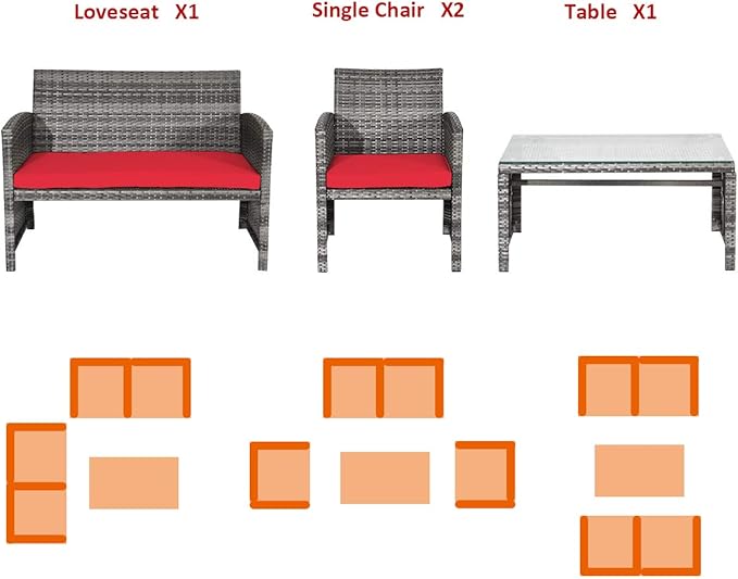 COSTWAY Patio Furniture Set 4 Pieces, Outdoor Wicker Chairs Sofa w/Coffee Table and Soft Cushions, Rattan Conversation Sets for Patio Lawn Backyard Yard Pool Garden, Red