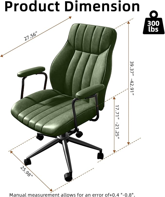 Green Leather Office Desk Chair with Wheels and Arms, Height Adjustable, Vintage, Mid Century Modern Style