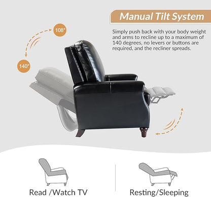 HULALA HOME Genuine Leather Recliner Chair, Classic Push Back Recliner Armchair with Thick Seat and Backrest (Black)