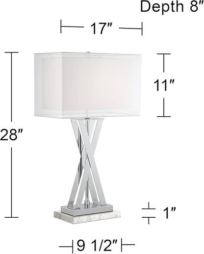 Possini Euro Design Proxima Modern Table Lamp with White Marble Riser 28" Tall Chrome Silver Metal Double Rectangular Shades Decor for Bedroom Living Room Nightstand Bedside Office Kids Room