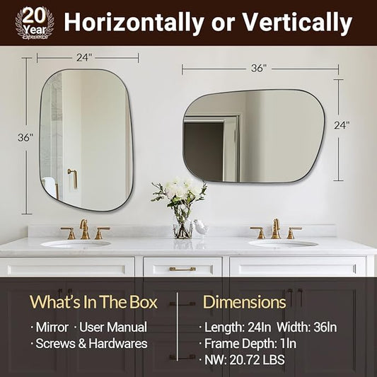 ANDY STAR Chrome Irregular Mirror, 24"x36" Silver Asymmetrical Wall Mirror in Stainless Steel Metal Frame, Unique Vanity Mirror with Modern Curved Design, Ideal for Bathroom, Bedroom, Entryway