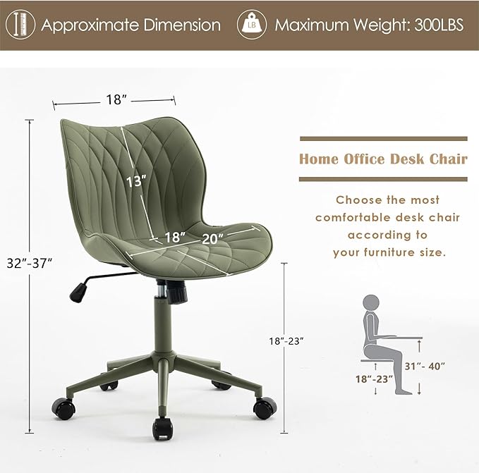YOUNUOKE Armless Desk Chair Comfy Office Chair with Wheels Home Ergonomic Task Chair Adjustable Computer Chairs Modern Faux Leather Swivel Chair Upholstered Makeup Vanity Chair with Back(Olive Green)