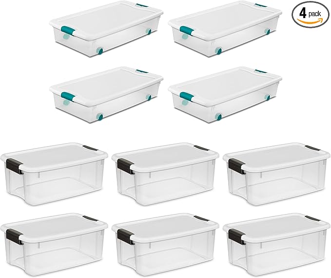 Sterilite 4 Set of 56-Quart Wheeled Storage Bin & 6 Set of 18-Quart Plastic Storage Container w/Latching Lid and Clear Base for Home Organization