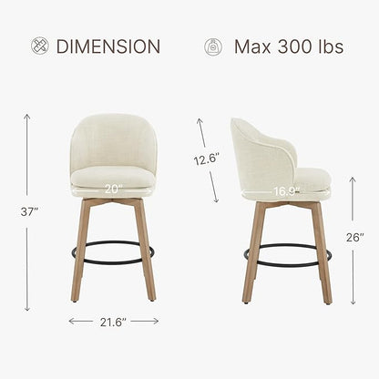 Counter Height Barstools 26 inch Upholstered Swivel Bar Stools with Back and Wood Legs for Kitchen Island,Set of 2,Linen Fabric-Armless
