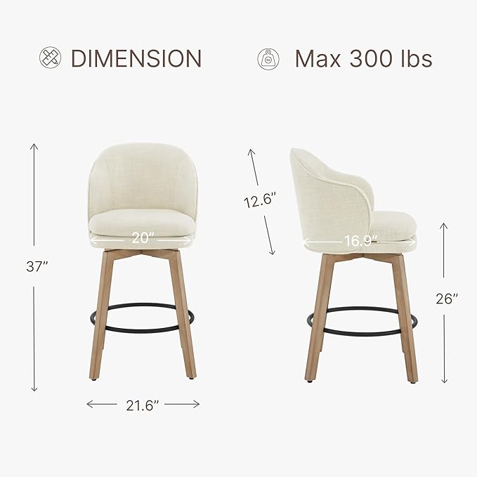 Counter Height Barstools 26 inch Upholstered Swivel Bar Stools with Back and Wood Legs for Kitchen Island,Set of 1,Linen Fabric