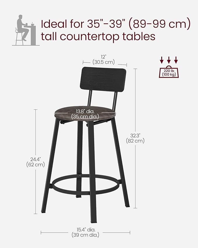 VASAGLE Bar Stools, Set of 2 PU Upholstered Breakfast Stools, 29.7-Inch Barstools with Back and Footrest, Simple Assembly, for Dining Room Kitchen Counter, Classic Black and Coffee Brown ULBC059B82