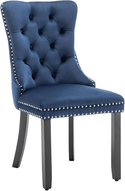 Velvet Dining Chairs Set of 2, Tufted Dining Room Chairs with Nailhead Ring Pull Trim, Upholstered Dining Chairs with Solid Wood Legs for Kitchen Dining Room (Blue)