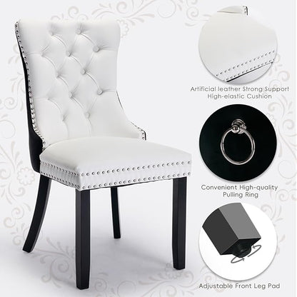 Leather Upholstered Dining Chairs Set of 4, Modern Style Kitchen Side Chairs with Nailhead Trim and Wood Leg, Metal Pulling Ring for Dining Room Living Room(Black&White,Set of)
