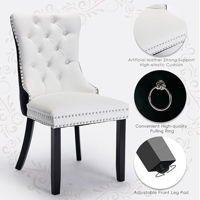 Leather Upholstered Dining Chairs Set of 6, Modern Style Kitchen Side Chairs with Nailhead Trim and Wood Leg, Metal Pulling Ring for Dining Room Living Room(Black&White,Set of 6)