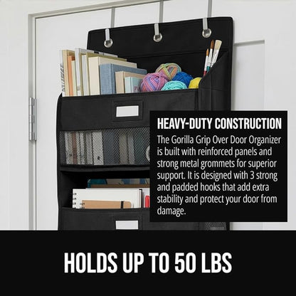 GORILLA GRIP Over The Door Organizer Storage, 5 Deep Hanging Shelves, Holds 50lbs, Closet Organizers Shelf for Bedroom, Bathroom, Nursery, Dorm Essentials, 3 Metal Hooks, 58x15 Inches, Black