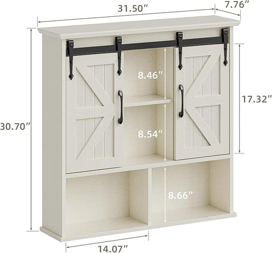 Vabches Bathroom Wall Cabinet, Farmhouse Medicine Cabinet with Double Sliding Barn Door and Adjustable Shelves, Wooden Vintage Storage Cabinet Wall Mounted for Bathroom, Kitchen Dining, White