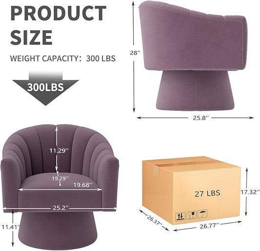 Swivel Accent Chair,Upholstered Velvet 360° Swivel Barrel Chair for Living Room Overstuffed Bouncle Reading Chair Round Armchair for Bedroom,Vanity,Office(Purple)