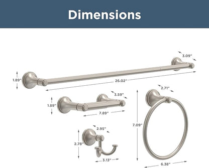 Franklin Brass Woodruff 4-Piece Bathroom Set Satin Nickel 18" + 6" Towel Rack, Toilet Paper Holder, Hand Towel Holder, Hook | 4-Piece Bath Hardware Accessories Set WDRF64-SN