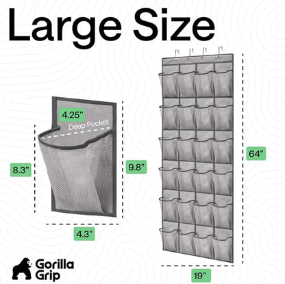 GORILLA GRIP Over the Door Shoe Organizer, 2 Pack, 24 Breathable Mesh Pockets, Space Saving Hanging Storage Holder, Closet Rack Hanger Holds Up to 40 lbs, Hangs on Closets, Shoes, Accessories, Gray