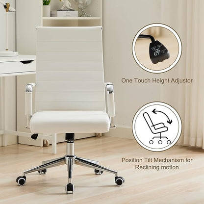 Office Desk Chair Leather, Conference Room Chairs with Wheels, Executive Modern High Back Ergonomic Swivel Rolling Ribbed Computer Chair（White）