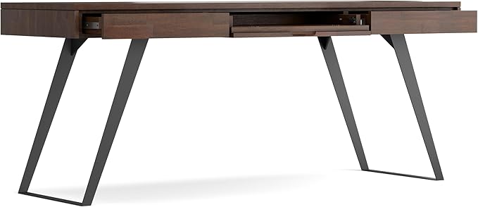 SIMPLIHOME Lowry Large Desk - 72-Inch Wide Solid Acacia Wood and Metal Writing Desk in Distressed Charcoal Brown, Modern Industrial Home Office Table with 2 Deep Drawers and Flip-Down Keyboard Tray